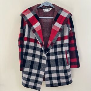 Field & Flower Buffalo Plaid Hooded Open-Front Cardigan in Red, Black & Cream
